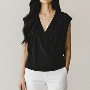Zara Black V-Neck Sleeveless Blouse Surplice Wrap Drape Top Size L NWOT Workwear
